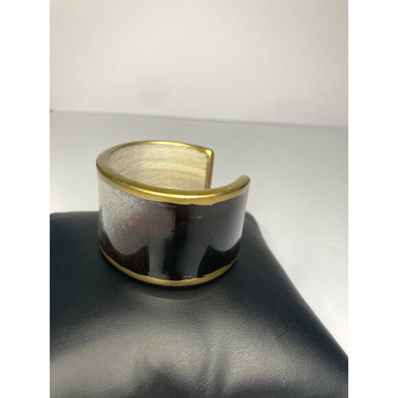 Cuff Bracelet Black Brown White Finish Antique Gold Tone Trim Statement Jewelry - Picture 8 of 8